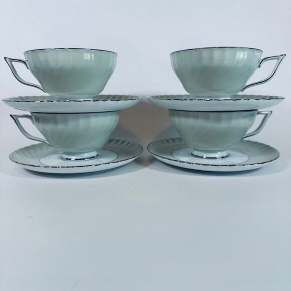 Royal Tettau South Wind Grey Green 4 Cups & Saucers Set Border Swirled w/ Trim - Picture 2 of 16